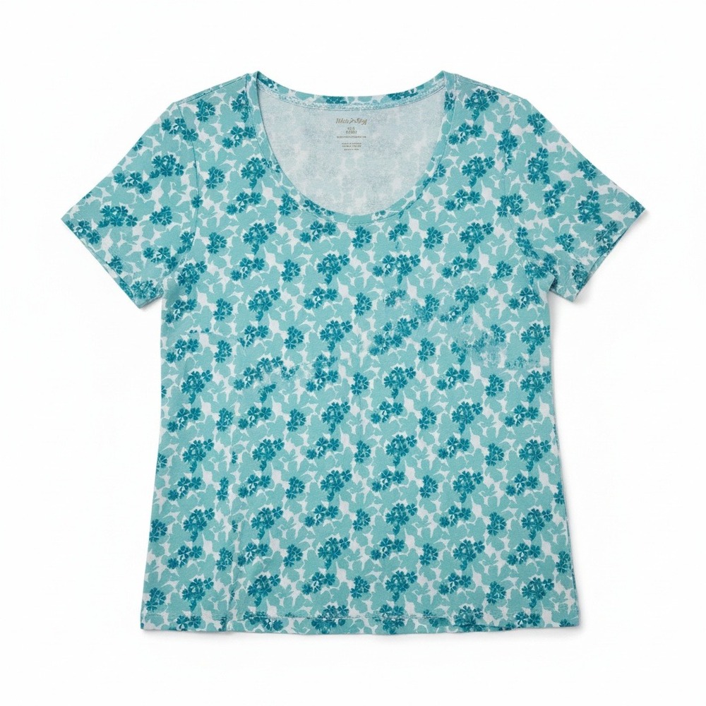 White Stag Womens Floral Scoop Neck Short Sleeve Cotton Tee Aqua Blue L 12-14